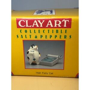 Clay Art Fishy Cat Salt and Pepper Shakers Set Calico Cat Sardine Tin 7591